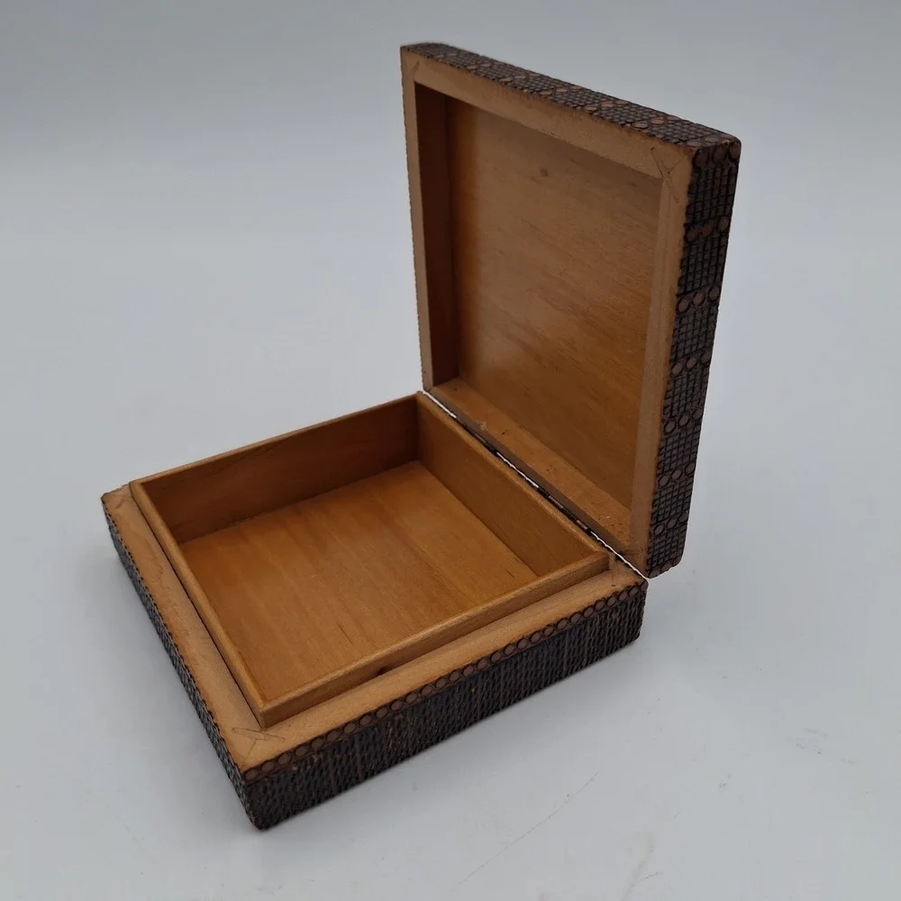 Vintage Hand Carved Wooden Trinket Box Geometric Folk Art Pyrography Square